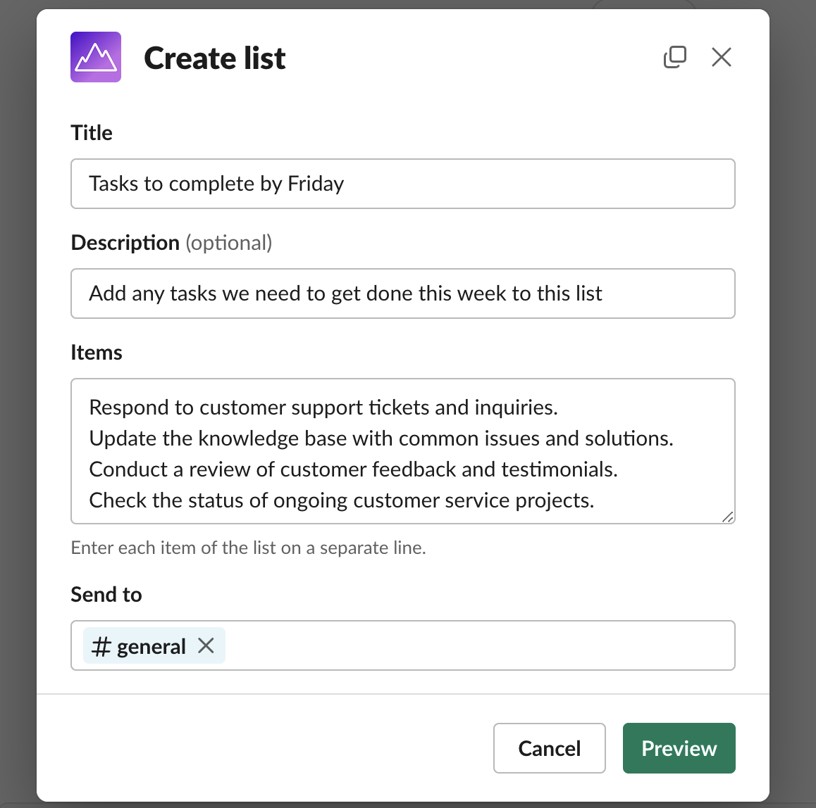 Creating a list in Slack - Yama