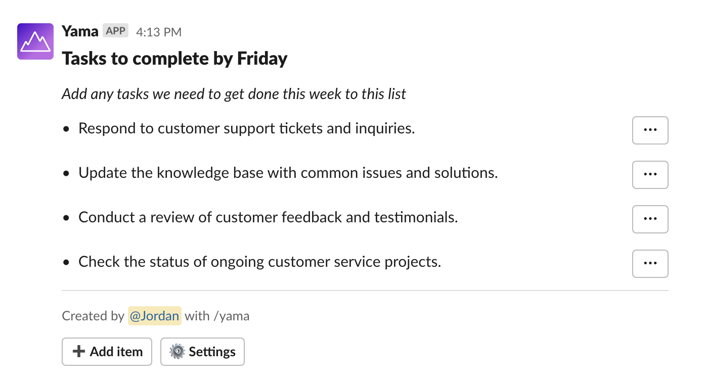 List in Slack - Yama